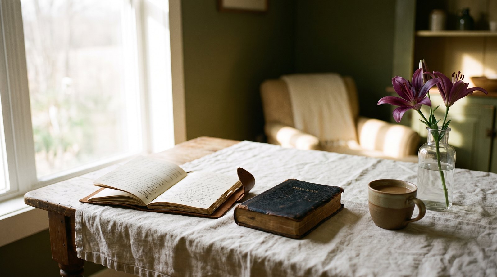 An open journal and Bible on linen beside a purple lily in soft window light.