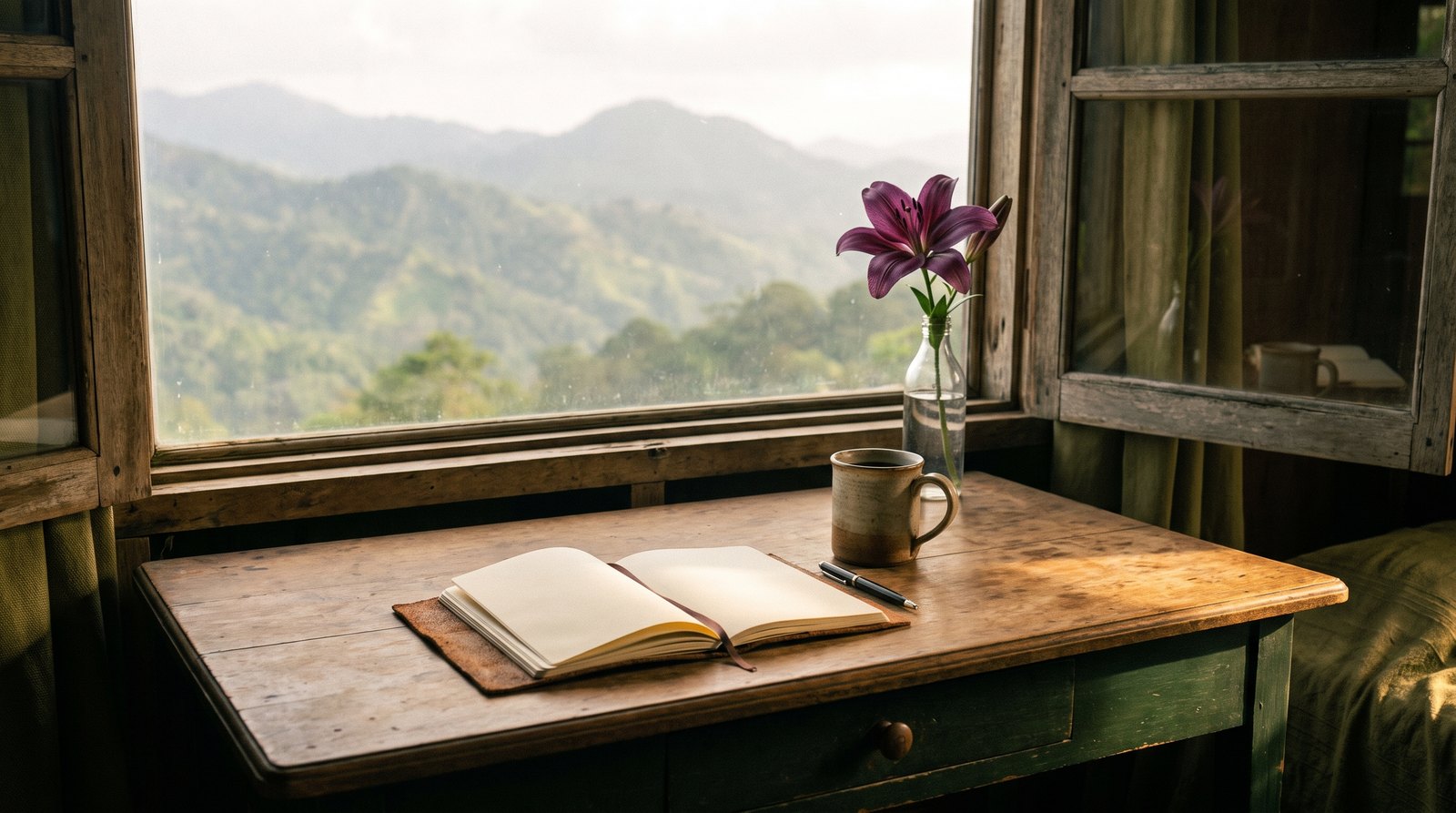 An open notebook on a table by a window looking out over misty Panama mountains.