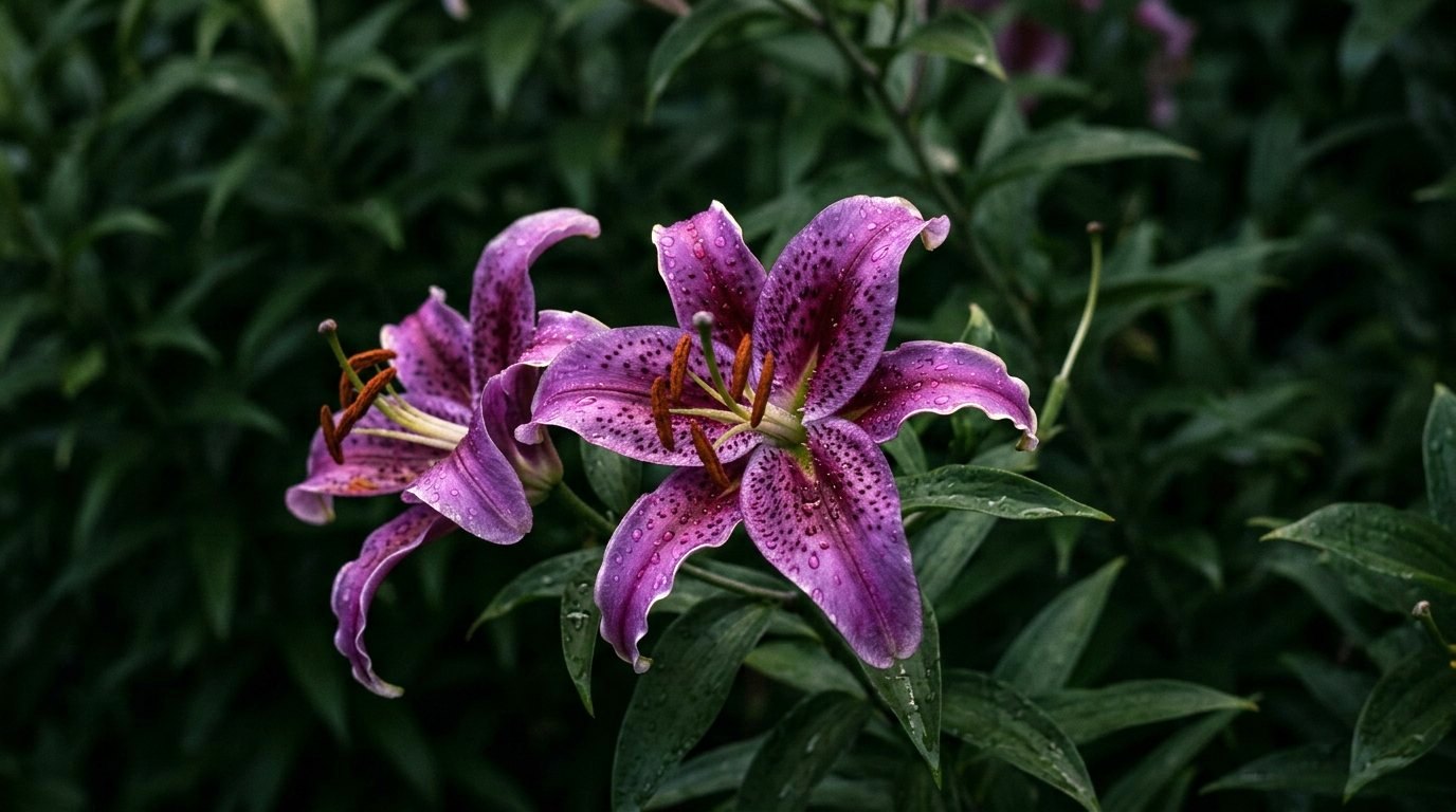 Purple lilies blooming in natural light.