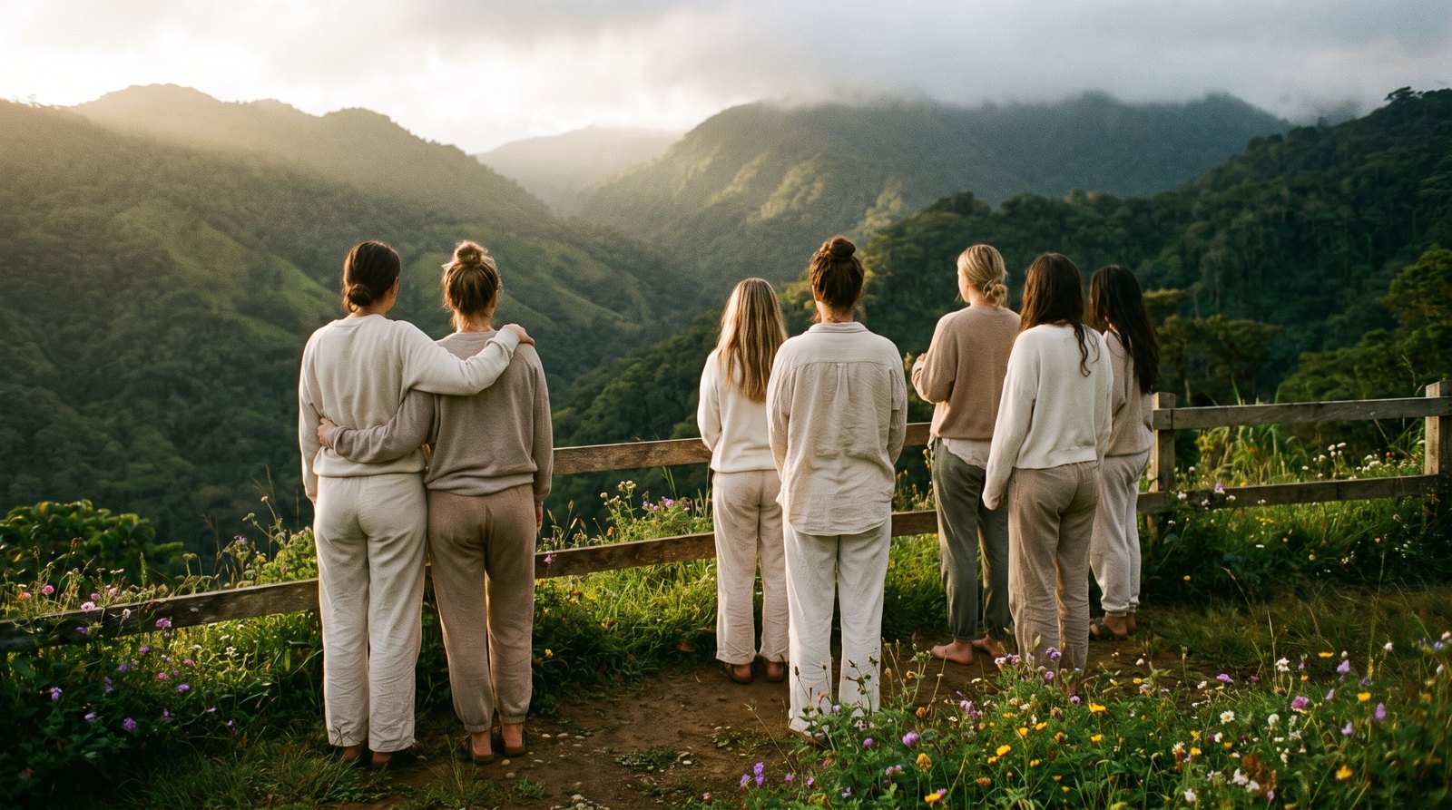 Women standing together at a mountain overlook on a retreat in Panama.